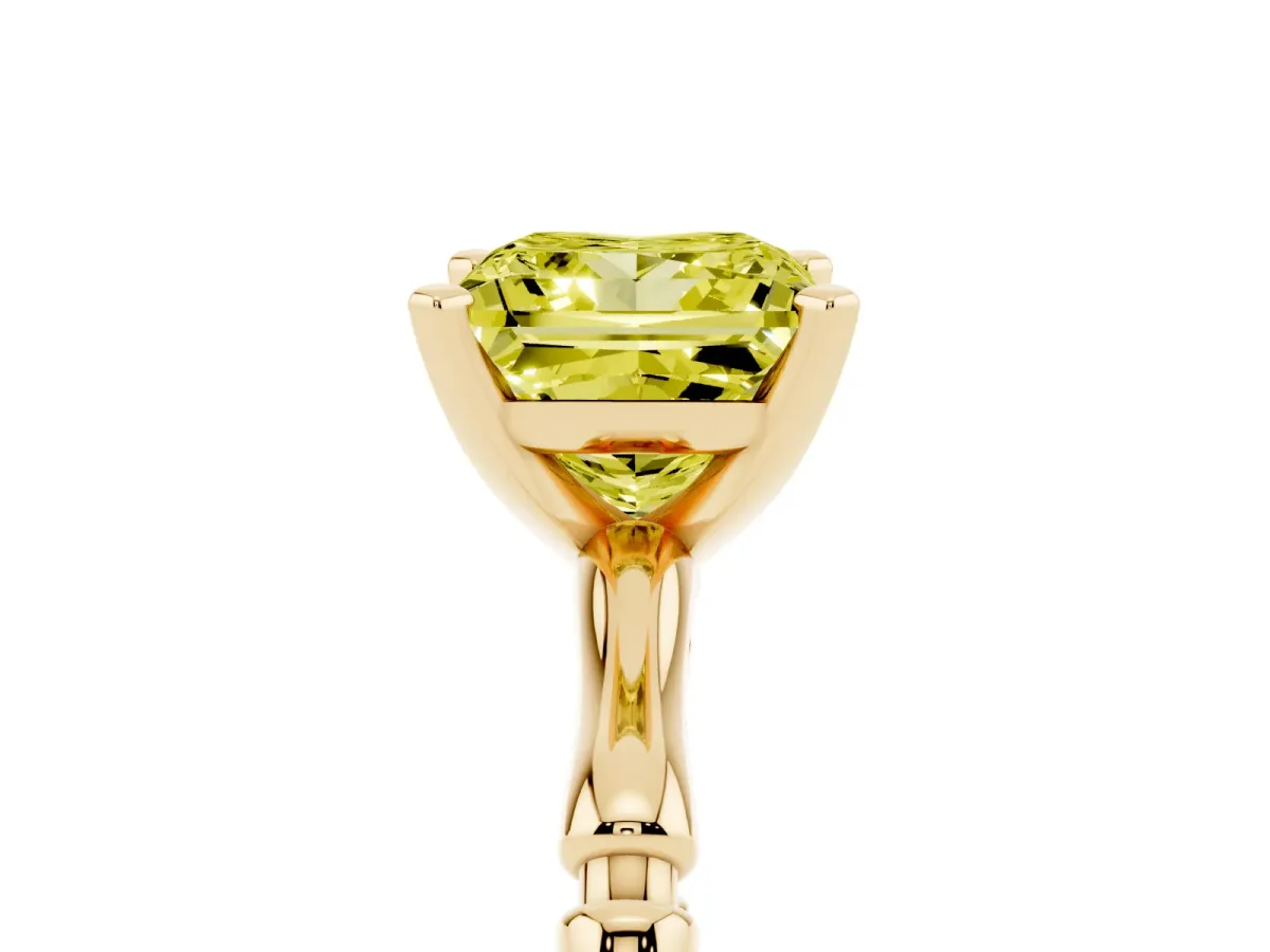 Fancy Yellow Princess Cut Solitaire Diamond Ring with Bamboo Band and Four-Prong Setting Yellow gold