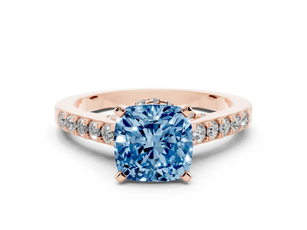 Fancy Blue Cushion Cut Diamond Solitaire Ring with Crossover Gallery and Round Pavé Band Rose gold
