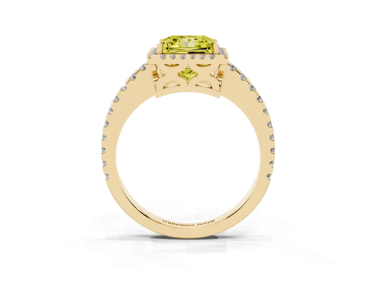 Fancy Yellow Princess Cut Diamond Halo Engagement Ring with Pavé Band and Prong Setting Yellow gold