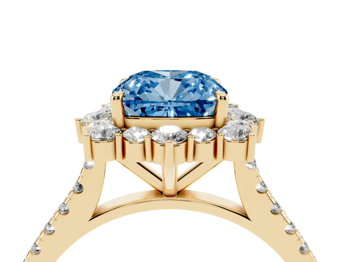 Fancy Blue Cushion Cut Halo Diamond Ring with Pavé Band and Prong Setting Yellow gold