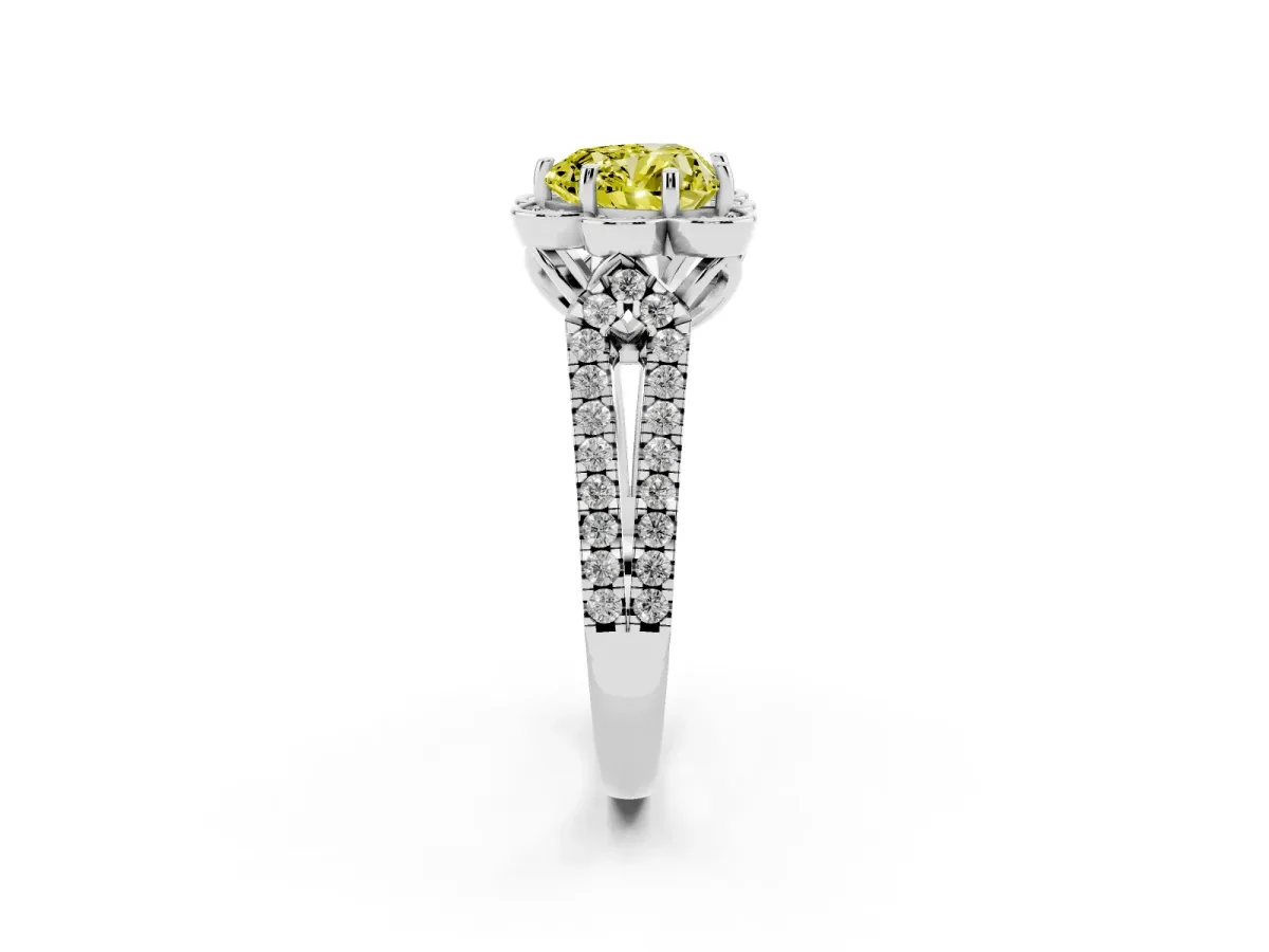 Fancy Yellow Heart Cut Halo Diamond Floral Split Shank Engagement Ring Silver