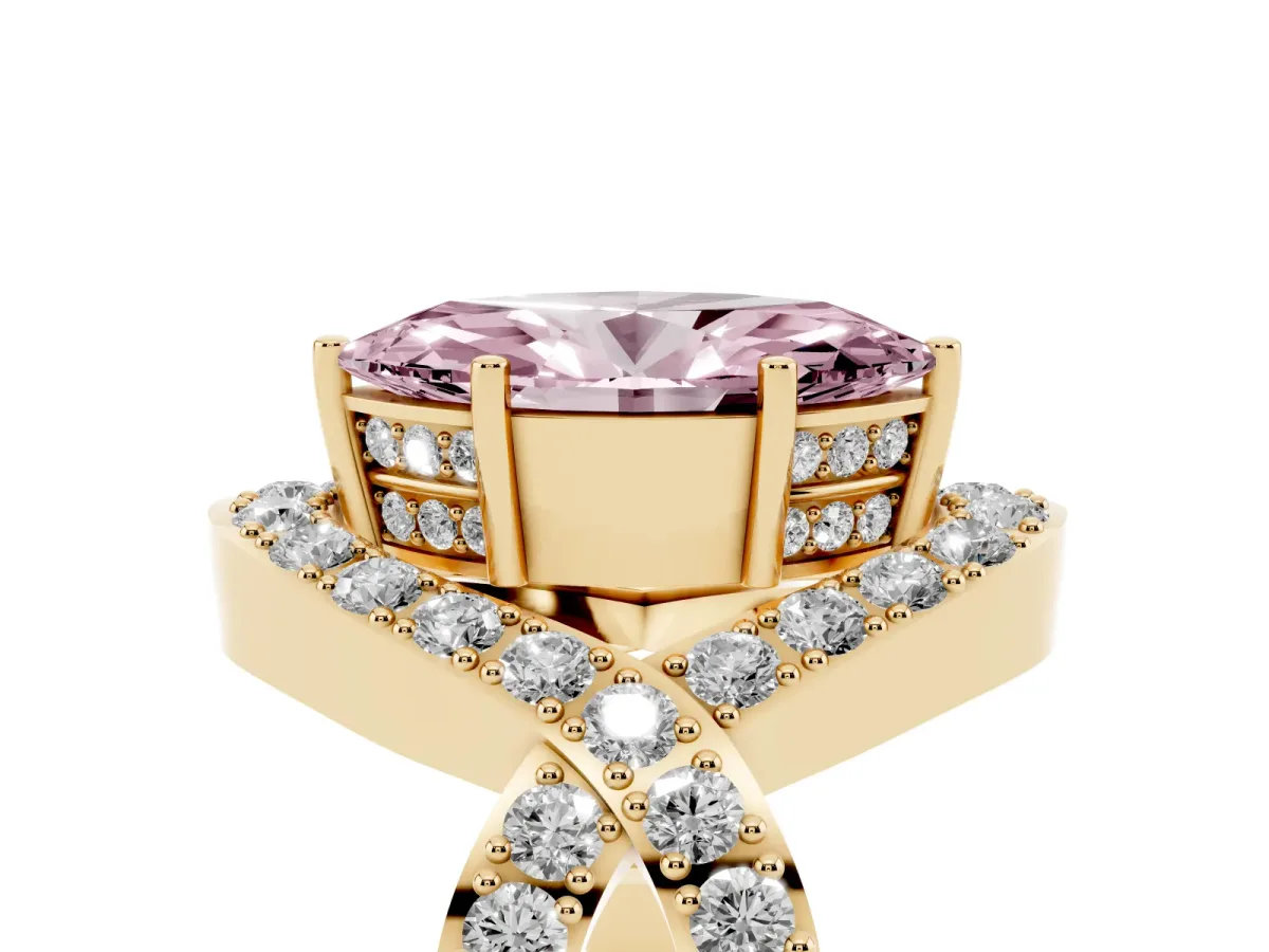 Fancy Pink Marquise Cut Solitaire Twist Band Pavé Diamond Engagement Ring Yellow gold