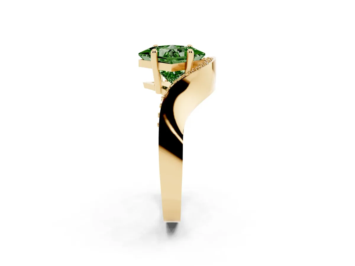 Fancy Green Princess Cut Solitaire Diamond Engagement Ring with Pave Band and Four-Prong Setting Yellow gold
