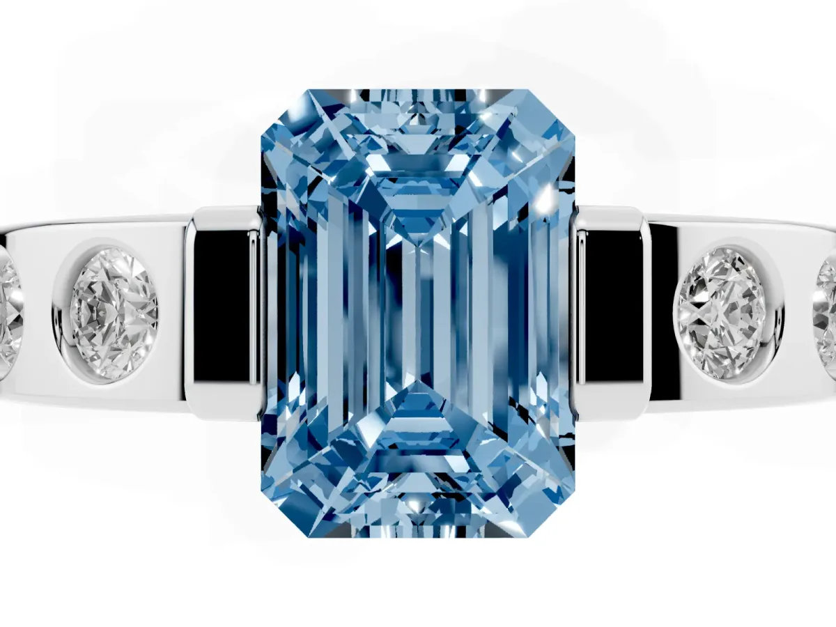 Fancy Blue Emerald Cut Brilliant Channel-Set Diamond Ring with Bezel Prong Setting Silver