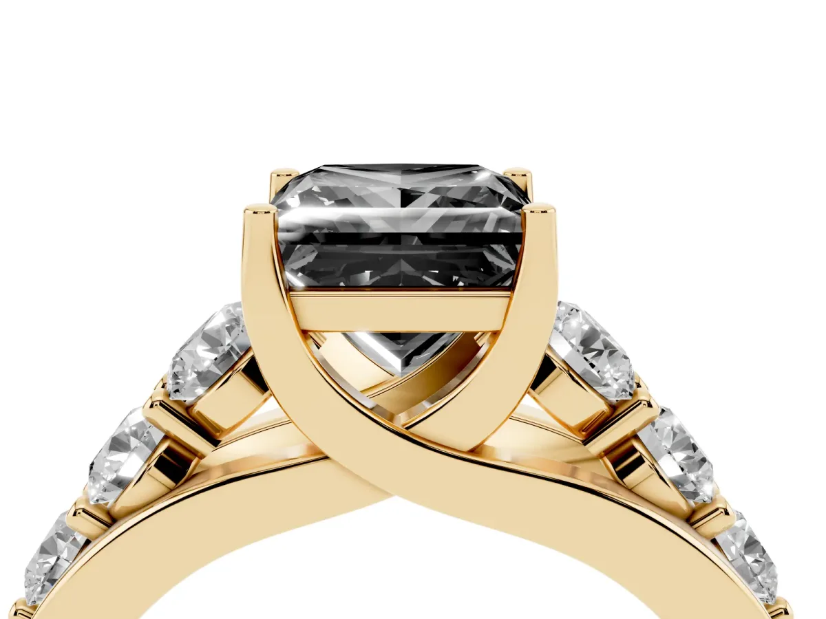 Fancy Black Princess Cut Diamond Engagement Ring with Pavé Band and Four-Prong Setting Yellow gold