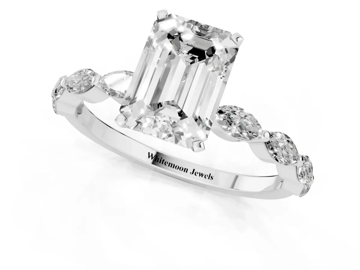 Emerald Cut Diamond Ring with Marquise Side Stones and Prong Setting Platinum