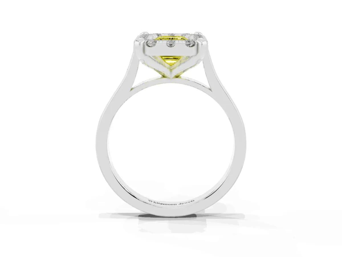 Fancy Yellow Emerald Cut Diamond Cluster Halo Solitaire with Four-Prong Setting Silver