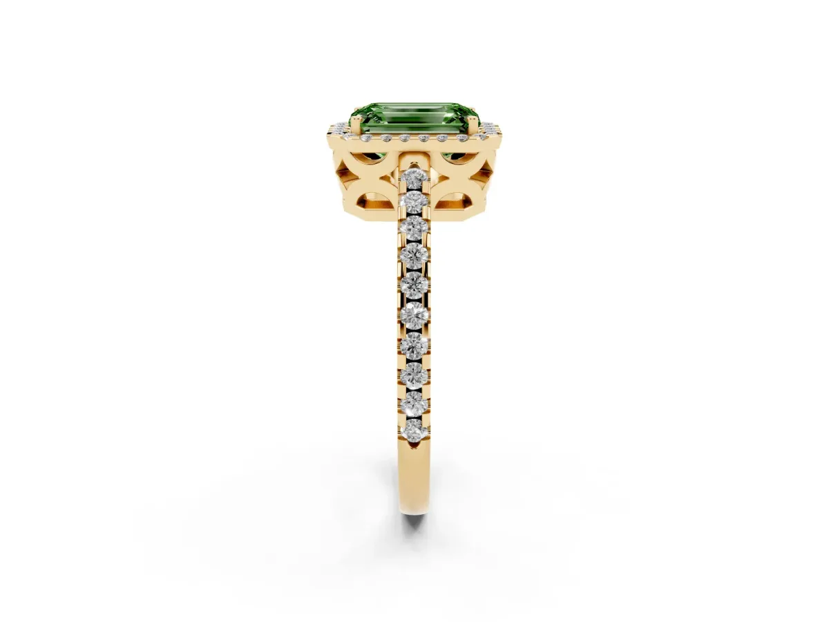 Fancy Green Emerald Cut Diamond Halo Engagement Ring with Pavé Band and Prong Setting Yellow gold