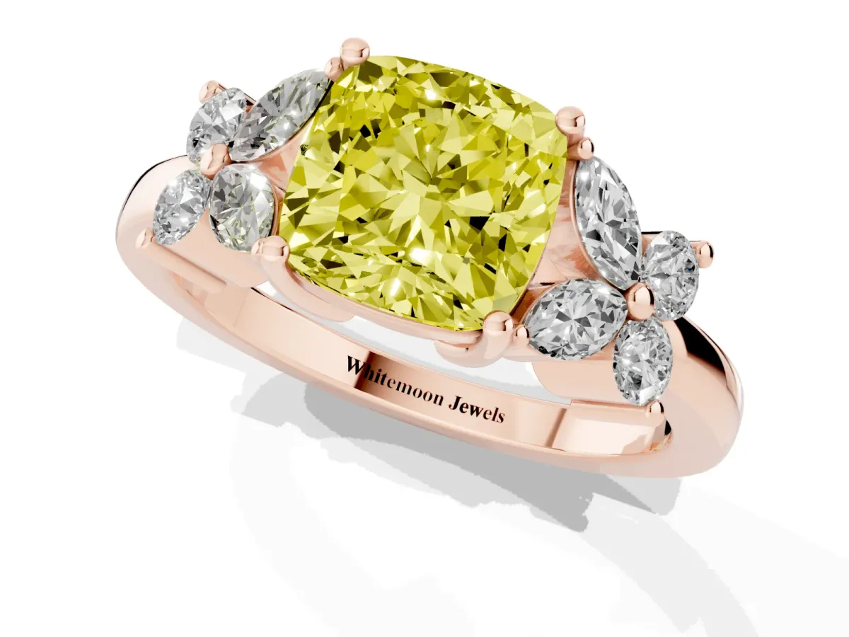 Fancy Yellow Cushion Cut Diamond Floral Cluster Ring with Solitaire Band and Prong Setting Rose gold