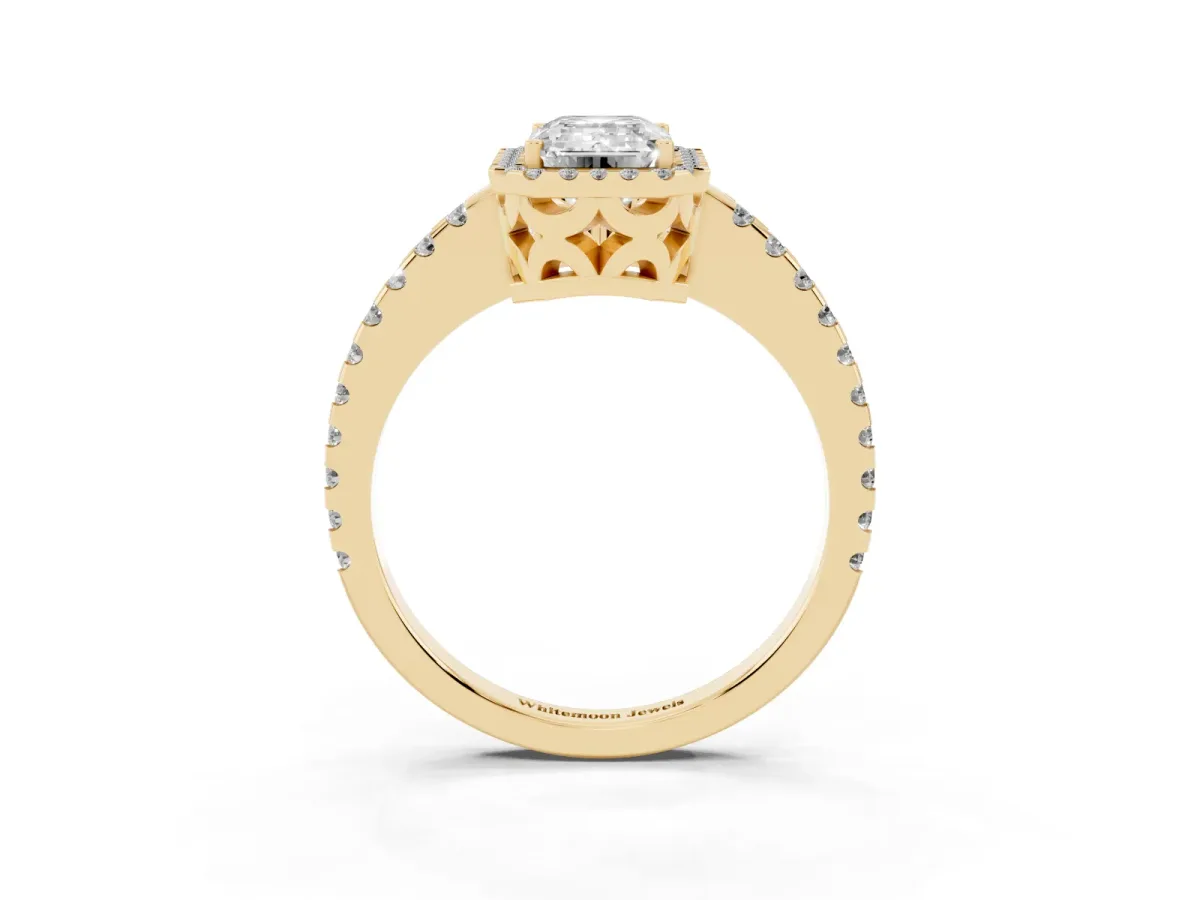 Emerald Cut Diamond Halo Engagement Ring with Pavé Band and Prong Setting Yellow gold