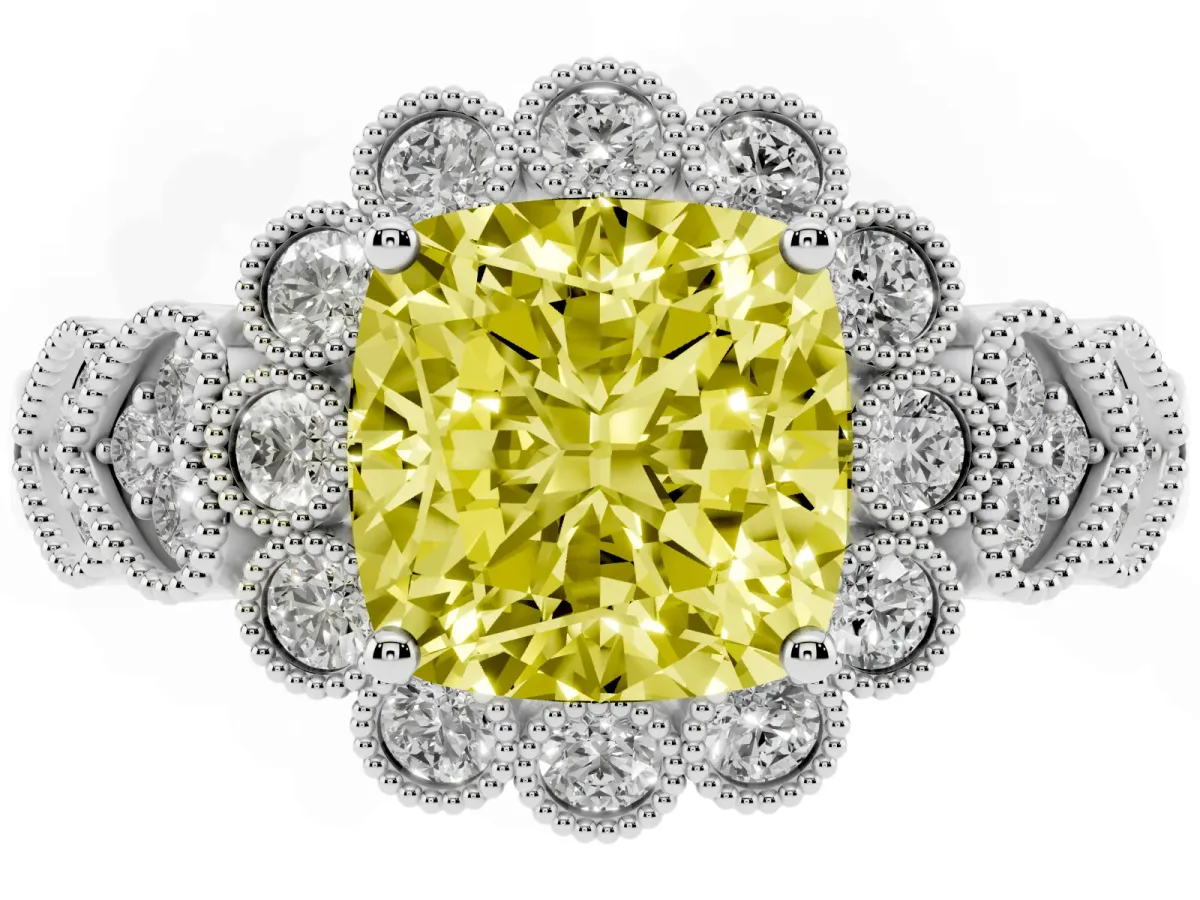 Fancy Yellow Cushion Cut Brilliant Milgrain Pave Heart Band Solitaire Ring White gold