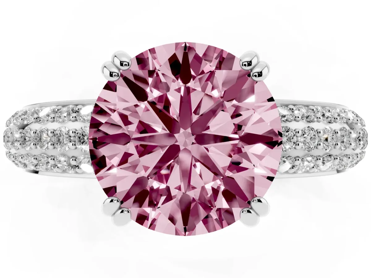Fancy Pink Round Cut Diamond Solitaire Ring with Multi-Row Round Pavé Band and Prong Setting Silver