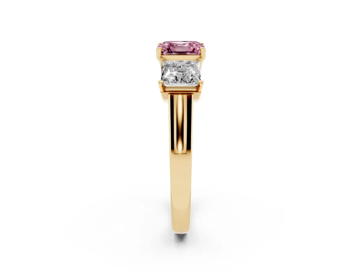 Fancy Pink Three-Stone Asscher Cut Brilliant Diamond Trellis Ring with Comfort Fit Band Yellow gold