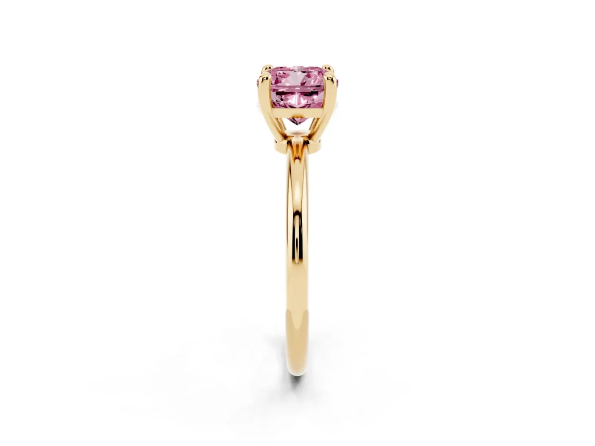 Fancy Pink Cushion Cut Solitaire Diamond Ring with 4-Prong Setting on a Classic Band Yellow gold