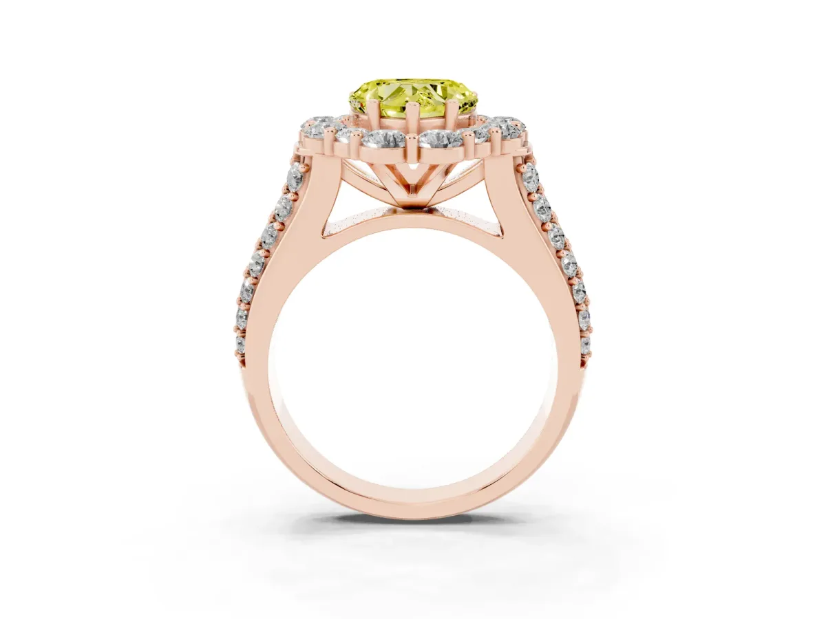 Fancy Yellow Heart Cut Halo Diamond Engagement Ring with Split Shank and Prong Setting Rose gold