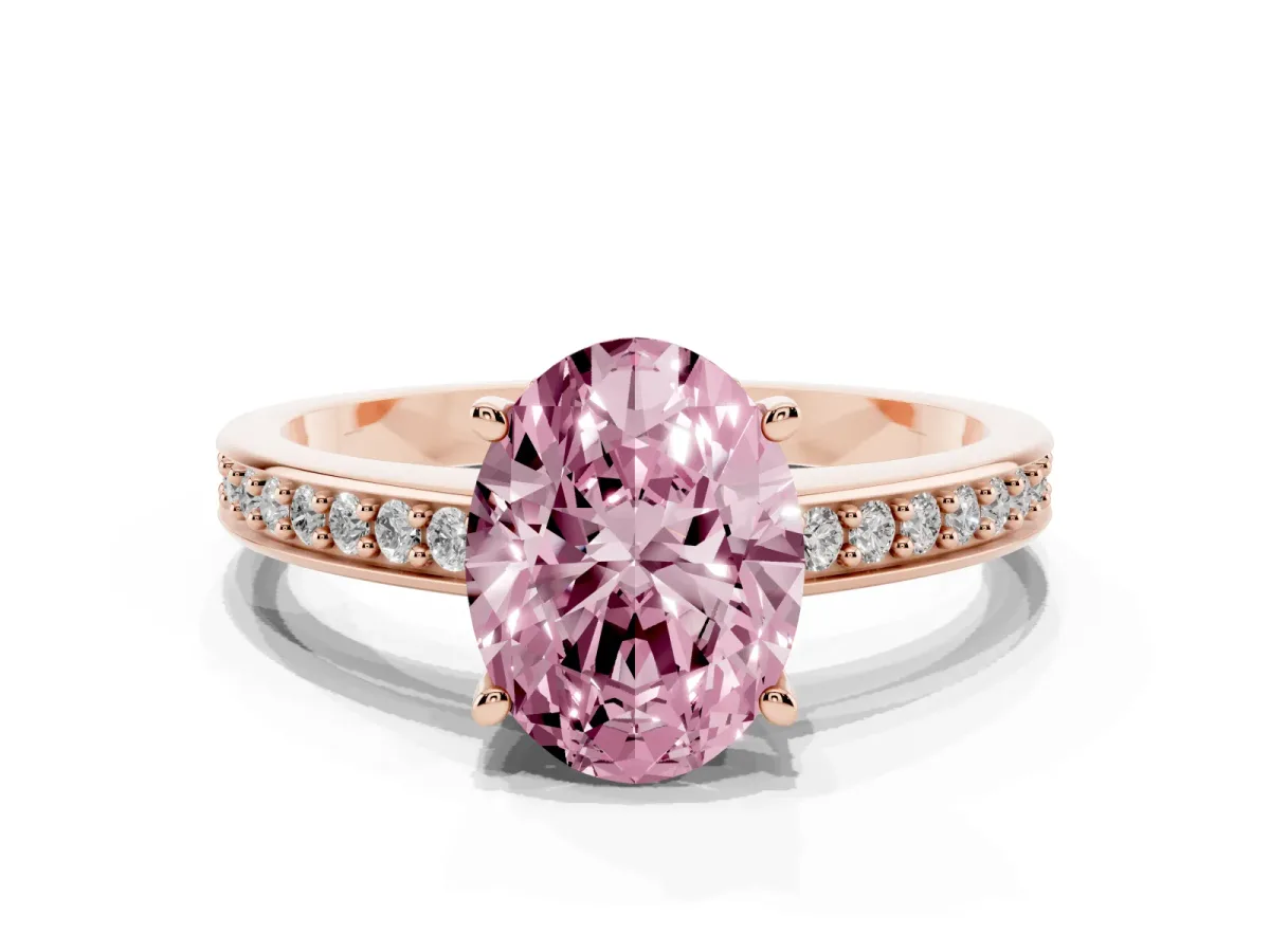 Fancy Pink Oval Cut Solitaire Pavé Band Prong Setting Ring Rose gold