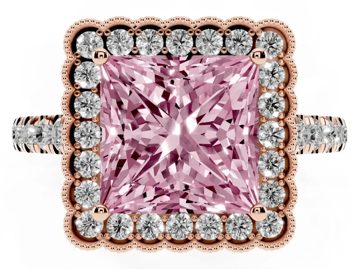 Fancy Pink Princess Cut Cut Diamond Milgrain Floral Halo Engagement Ring with Pavé Band Rose gold