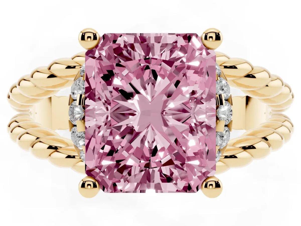 Fancy Pink Radiant Cut Halo Twisted Band Four-Prong Ring Yellow gold