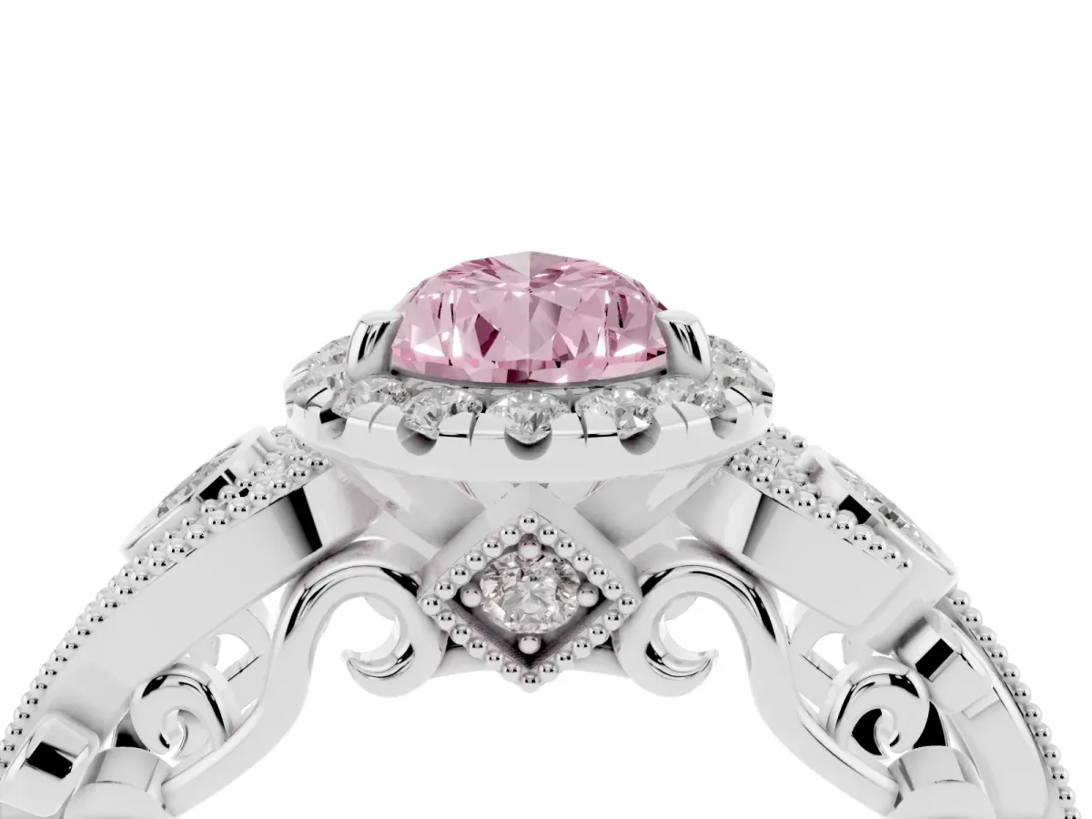 Fancy Pink Pear Cut Halo Diamond Ring with Milgrain and Bezel Accents on a Split Shank Band Silver
