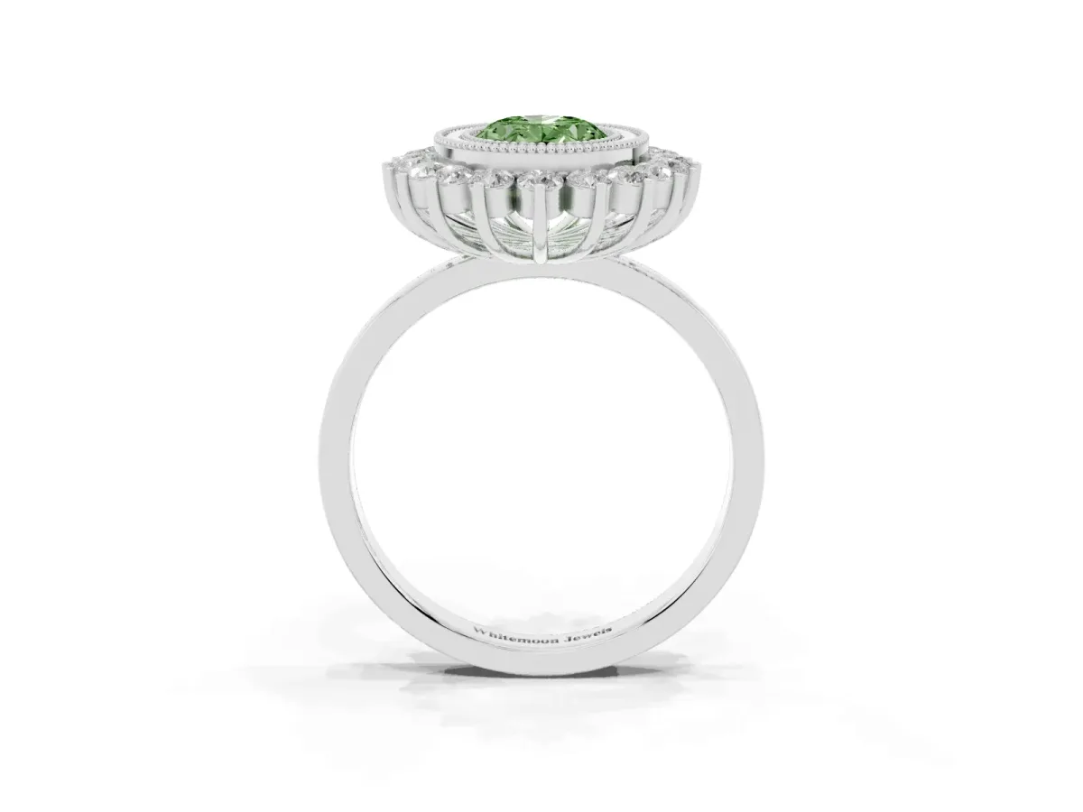 Fancy Green Oval Cut Halo Diamond Ring with Milgrain Edge and Round Prong Setting Silver