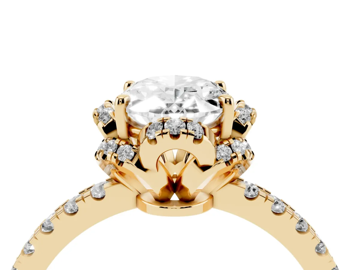 Oval Cut Halo Diamond Pave Band Ring with Four-Prong Setting Yellow gold