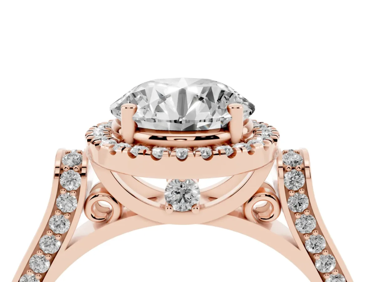 Round Cut Halo Pave Split Shank Prong Setting Ring Rose gold