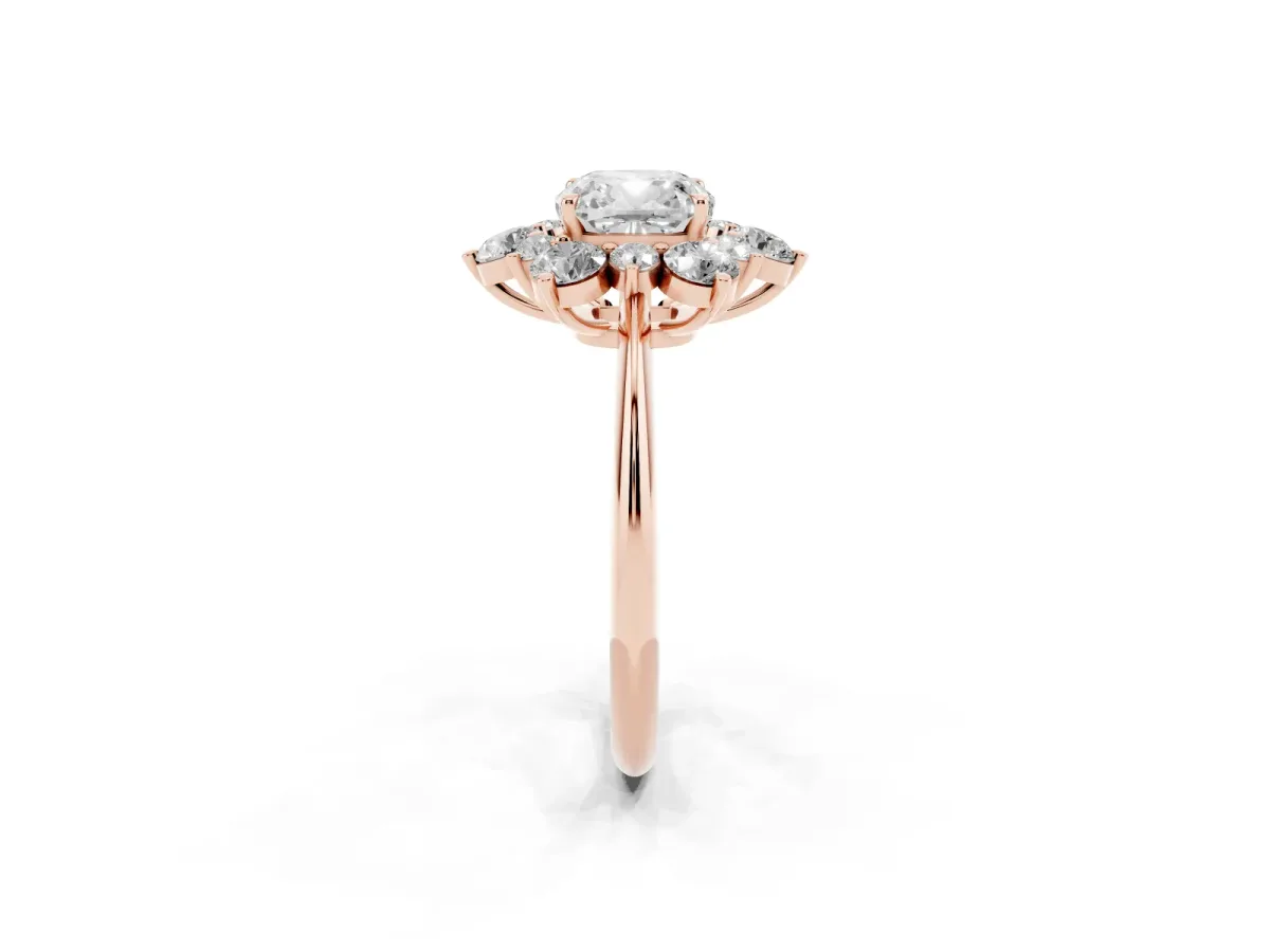 Cushion Cut Diamond Cluster Halo Ring with Solitaire Band and Four-Prong Setting Rose gold
