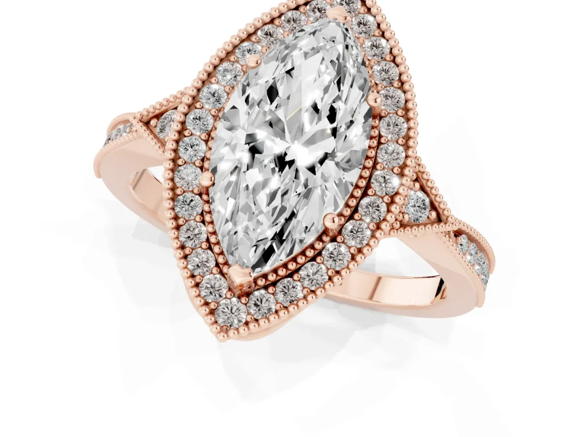 Marquise Cut Halo Round Diamond Milgrain Pave Engagement Ring Rose gold
