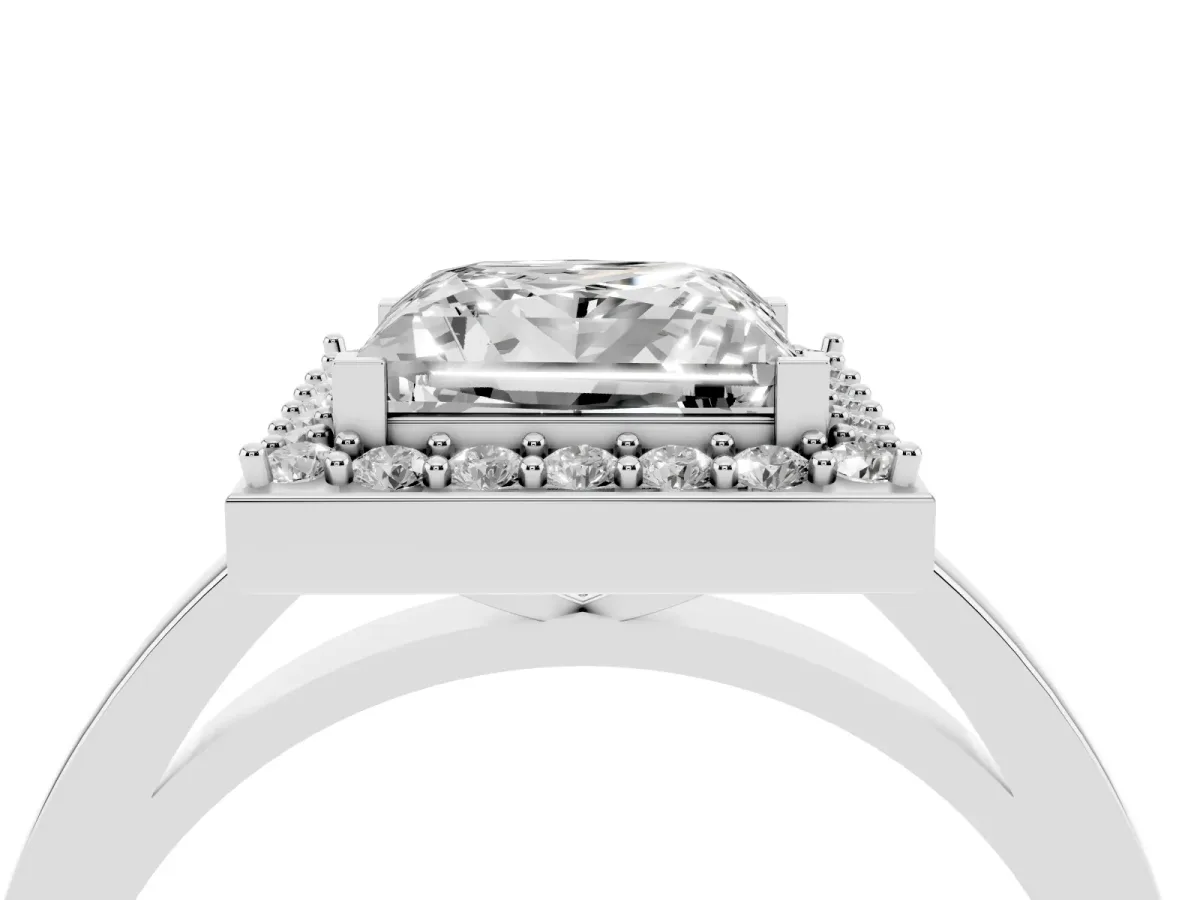Princess Cut Halo Diamond Ring with Solitaire Band and Prong Setting Silver