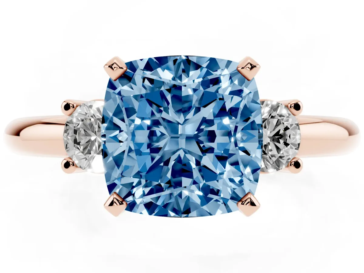 Fancy Blue Three-Stone Cushion Cut Cut Diamond Solitaire with Prong Setting and Classic Band Rose gold