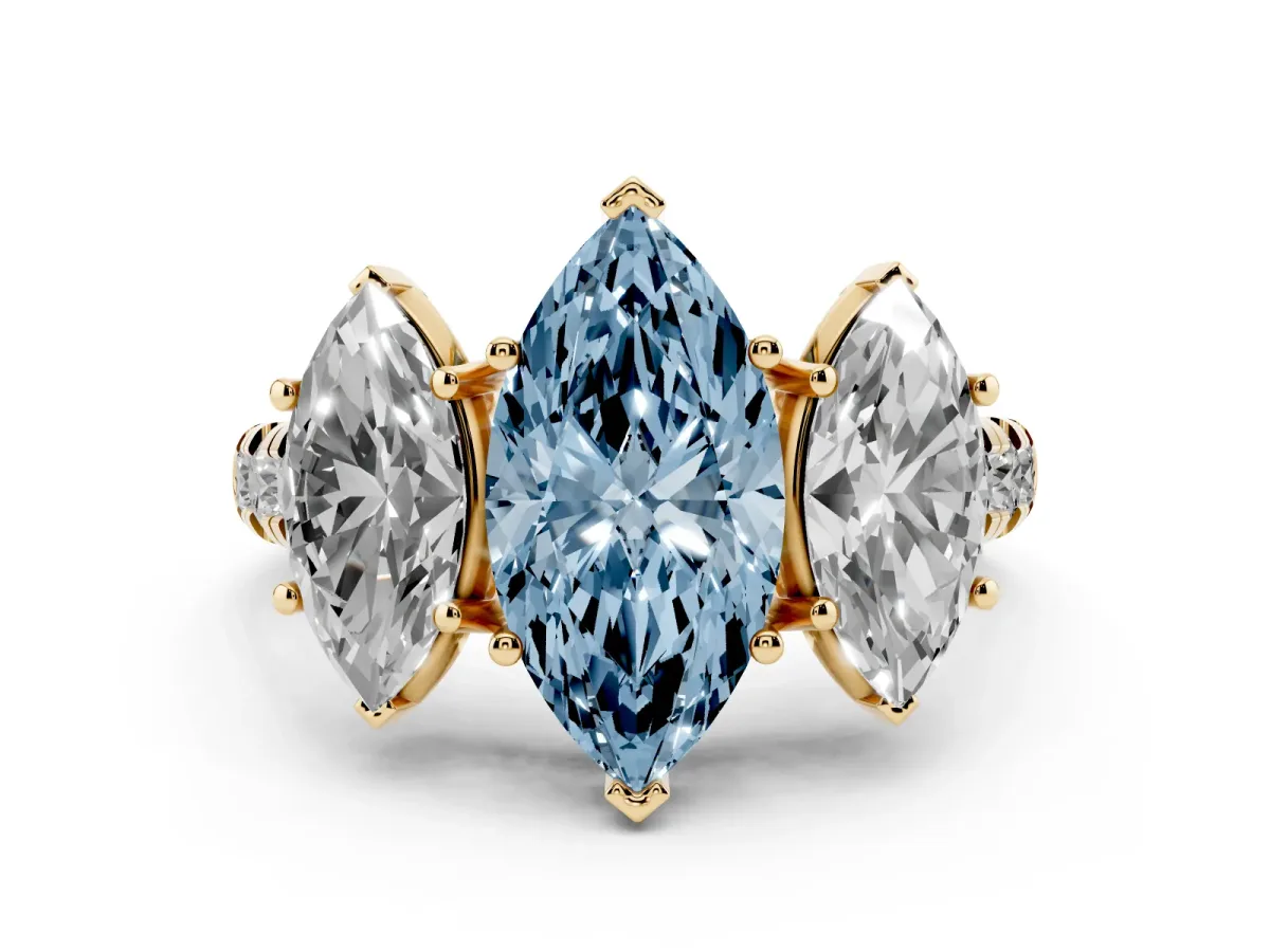 Fancy Blue Three-Stone Marquise Cut Diamond Pavé Band with Prong Setting Yellow gold