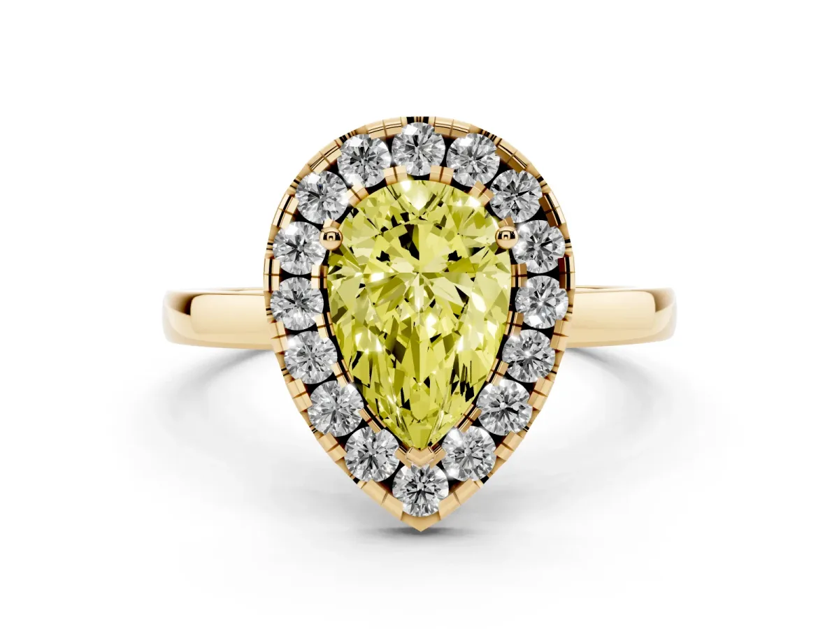 Fancy Yellow Pear Cut Halo Diamond Solitaire with Pavé Band and Four-Prong Setting Yellow gold