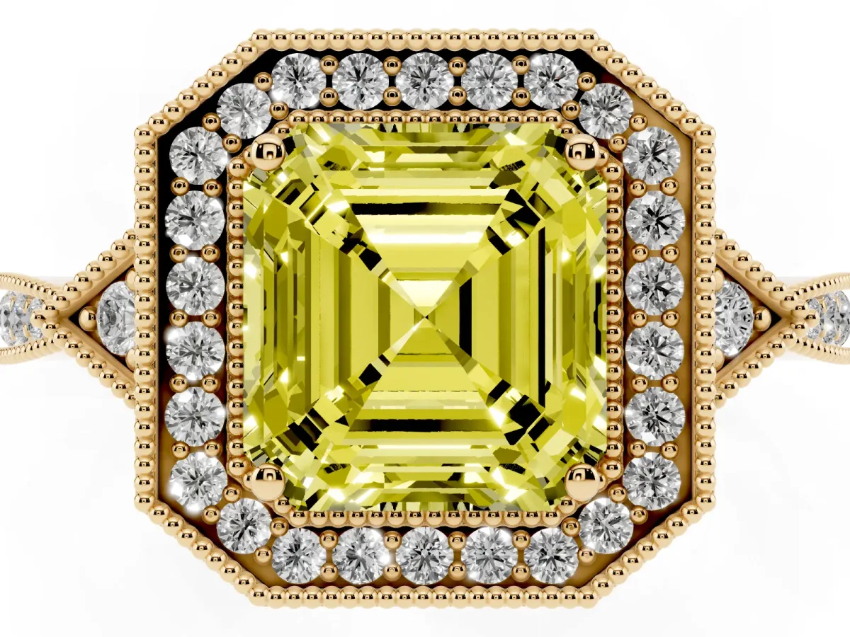 Fancy Yellow Asscher Cut Halo Round Diamond Milgrain Pave Engagement Ring Yellow gold