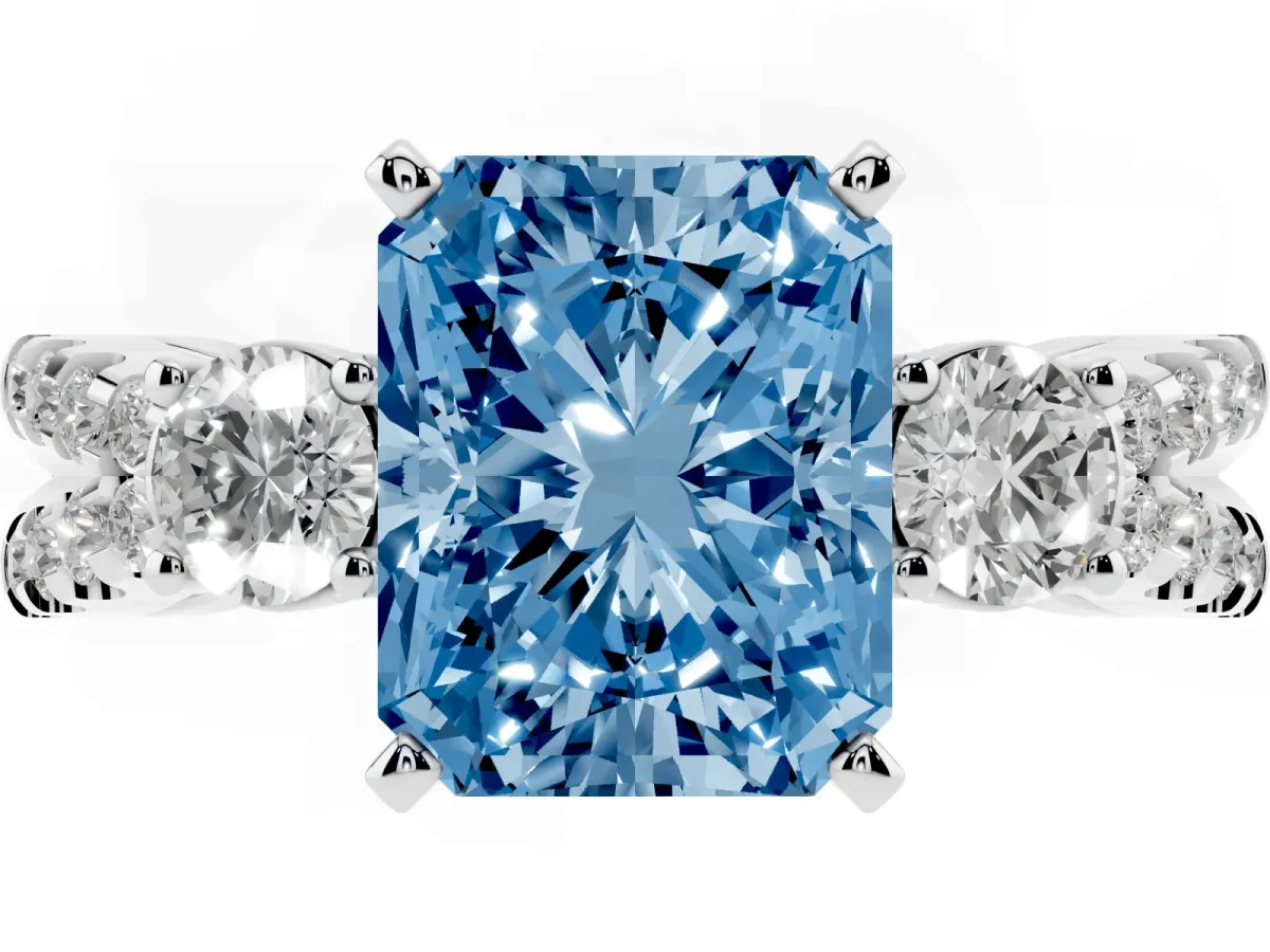 Fancy Blue Radiant Cut Diamond Three-Stone Ring with Pavé Split Shank and Four-Prong Setting White gold
