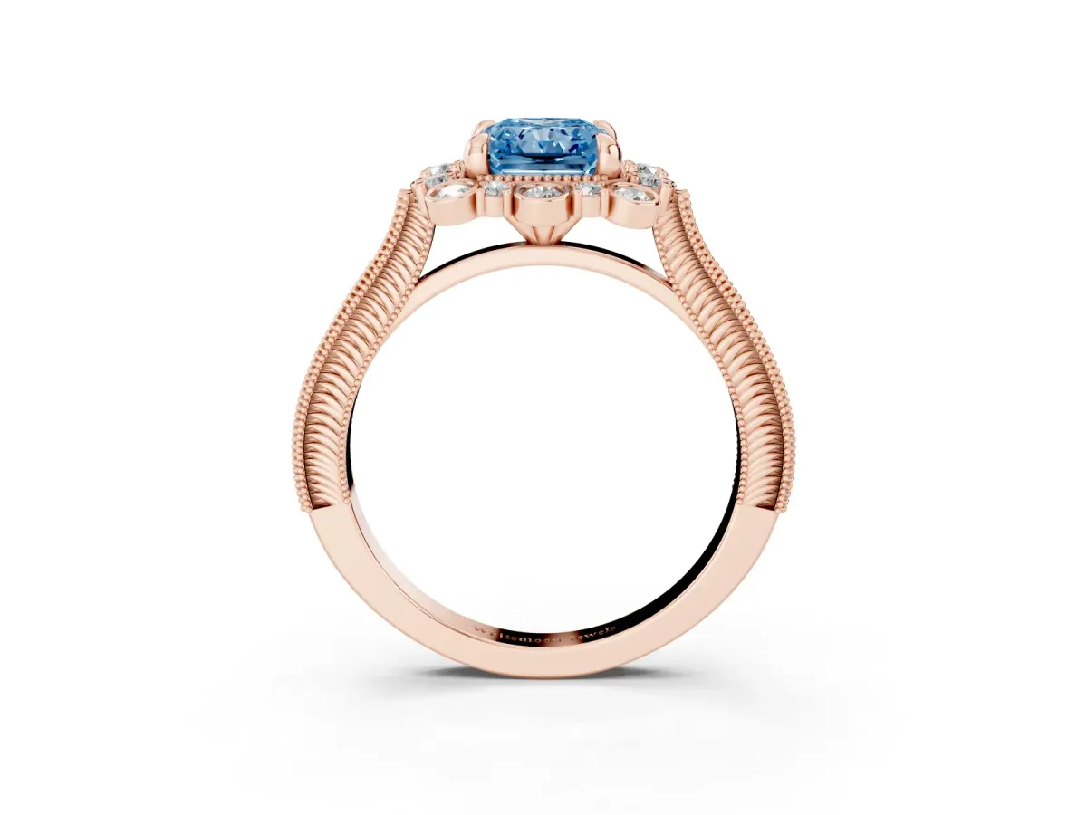 Fancy Blue Radiant Cut Halo Milgrain Pave Diamond Ring with Four-Prong Setting Rose gold