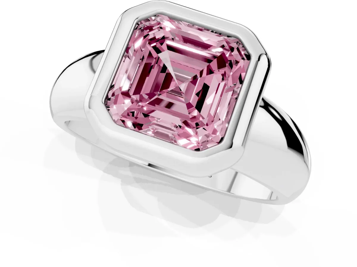 Fancy Pink Bezel Set Asscher Cut Solitaire Ring with Wide Band Silver