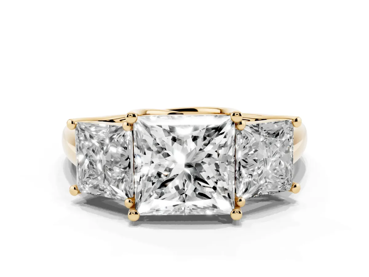 Three-Stone Princess Cut Diamond Engagement Ring with Prong Setting Yellow gold
