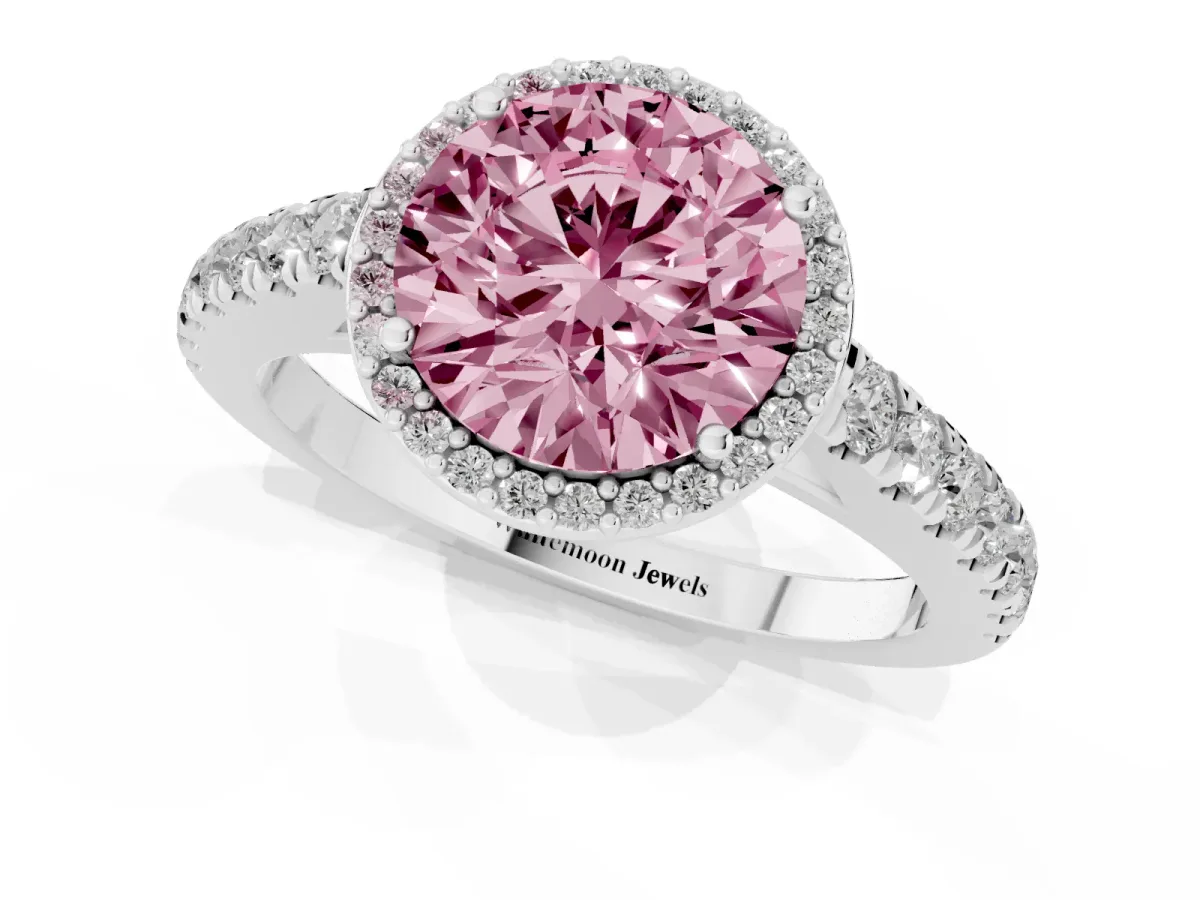 Fancy Pink Round Cut Cut Halo Diamond Engagement Ring with Pave Band and Four-Prong Setting Platinum