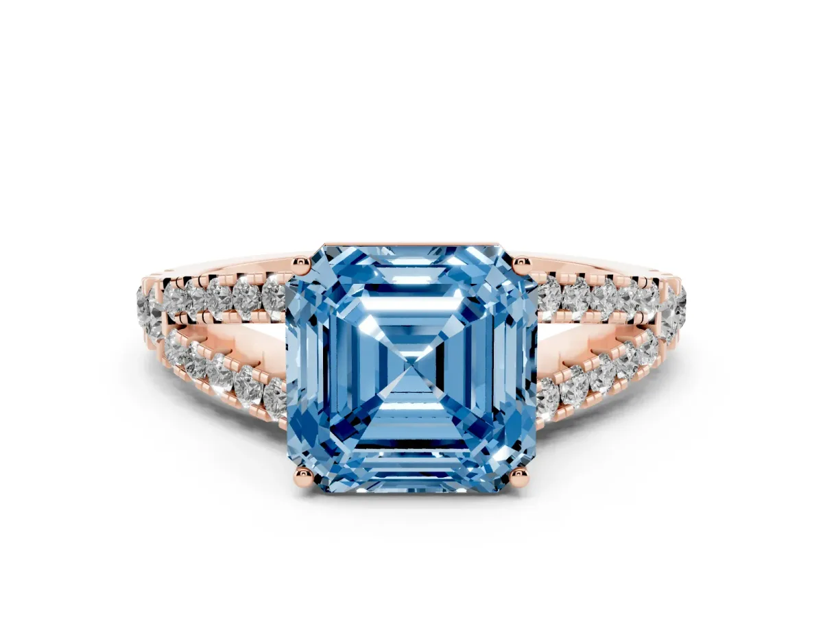 Fancy Blue Asscher Cut Diamond Split Shank Pavé Engagement Ring with Four-Prong Setting Rose gold