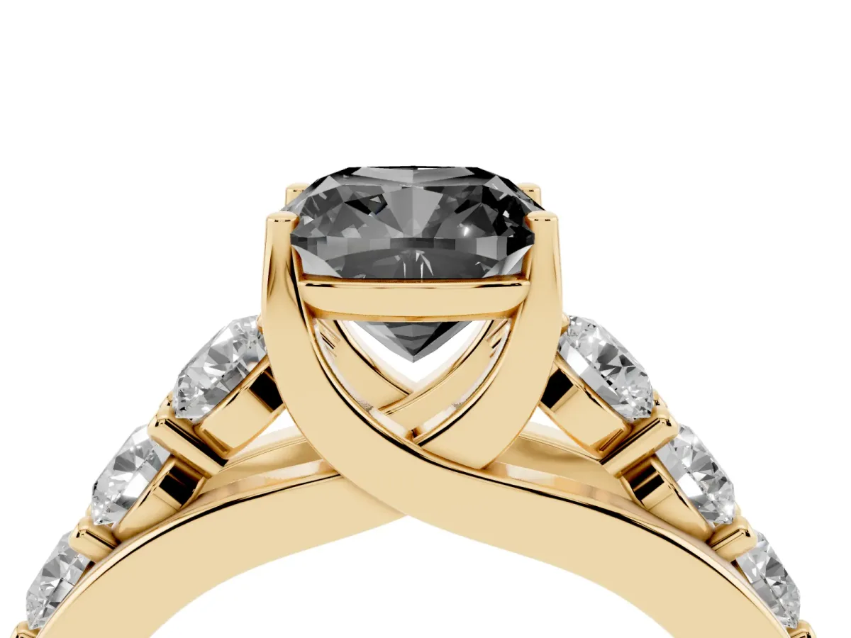 Fancy Black Cushion Cut Diamond Engagement Ring with Pavé Band and Four-Prong Setting Yellow gold