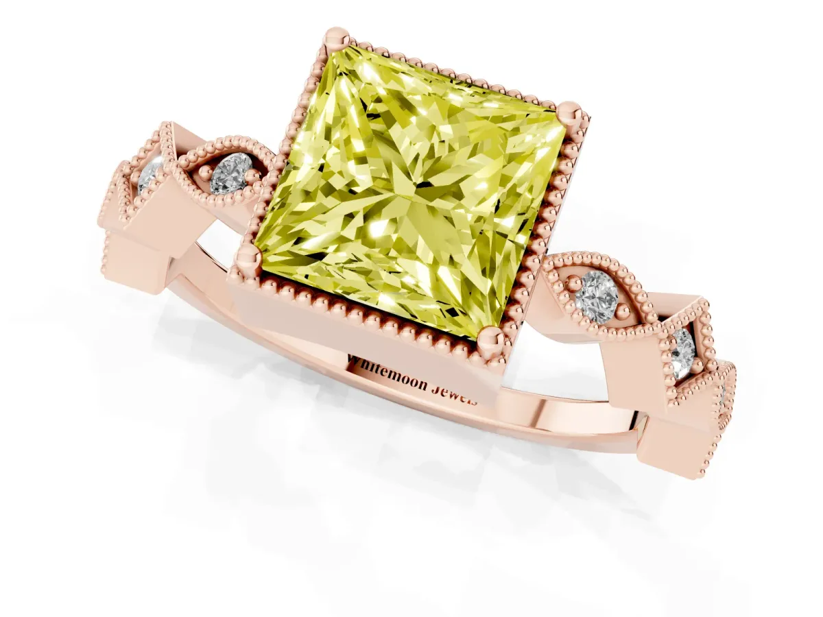 Fancy Yellow Princess Cut Milgrain Marquise Diamond Twist Band Ring Rose gold