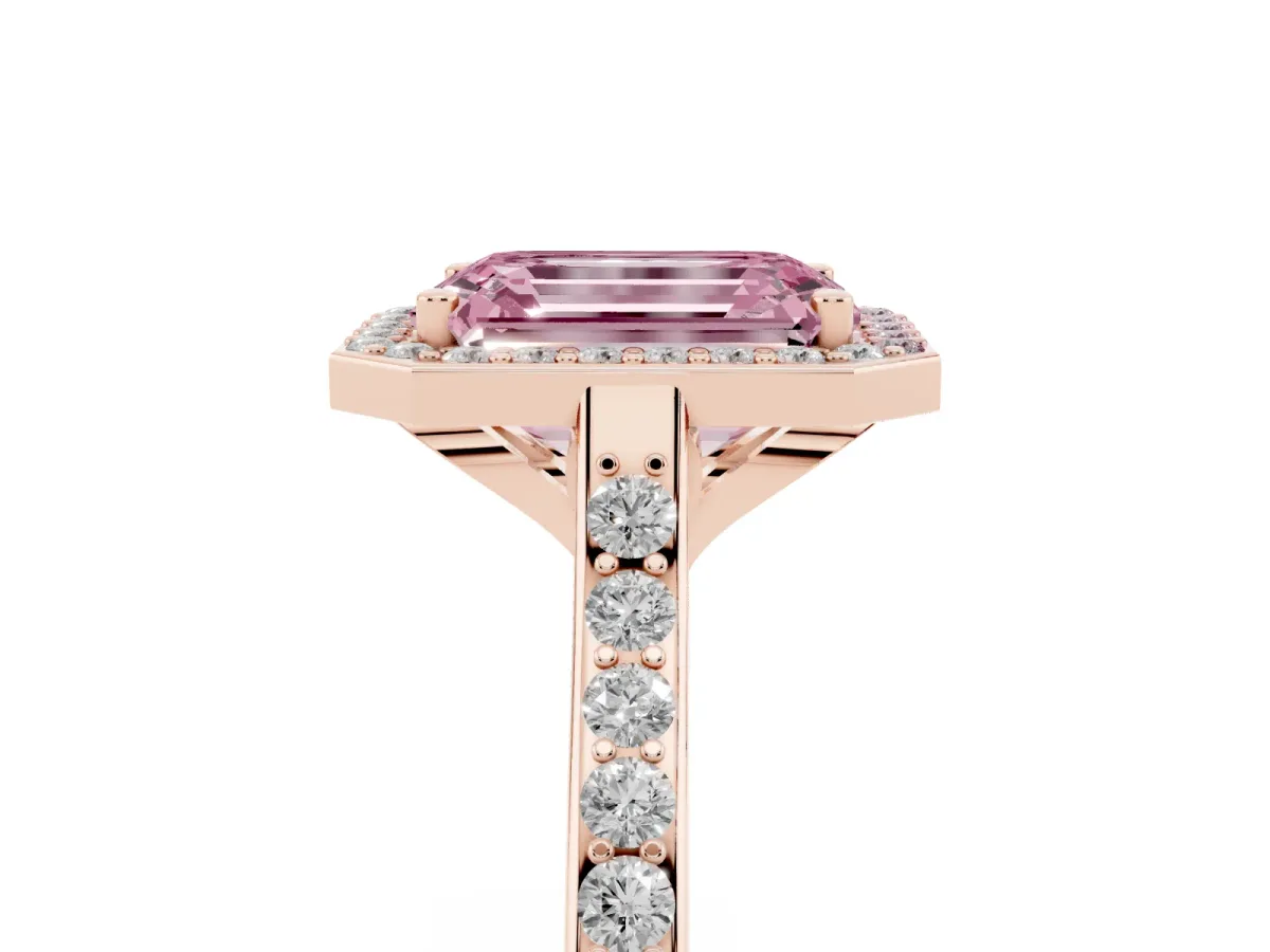 Fancy Pink Emerald Cut Diamond Halo Engagement Ring with Round Pavé Shoulders and Prong Setting Rose gold