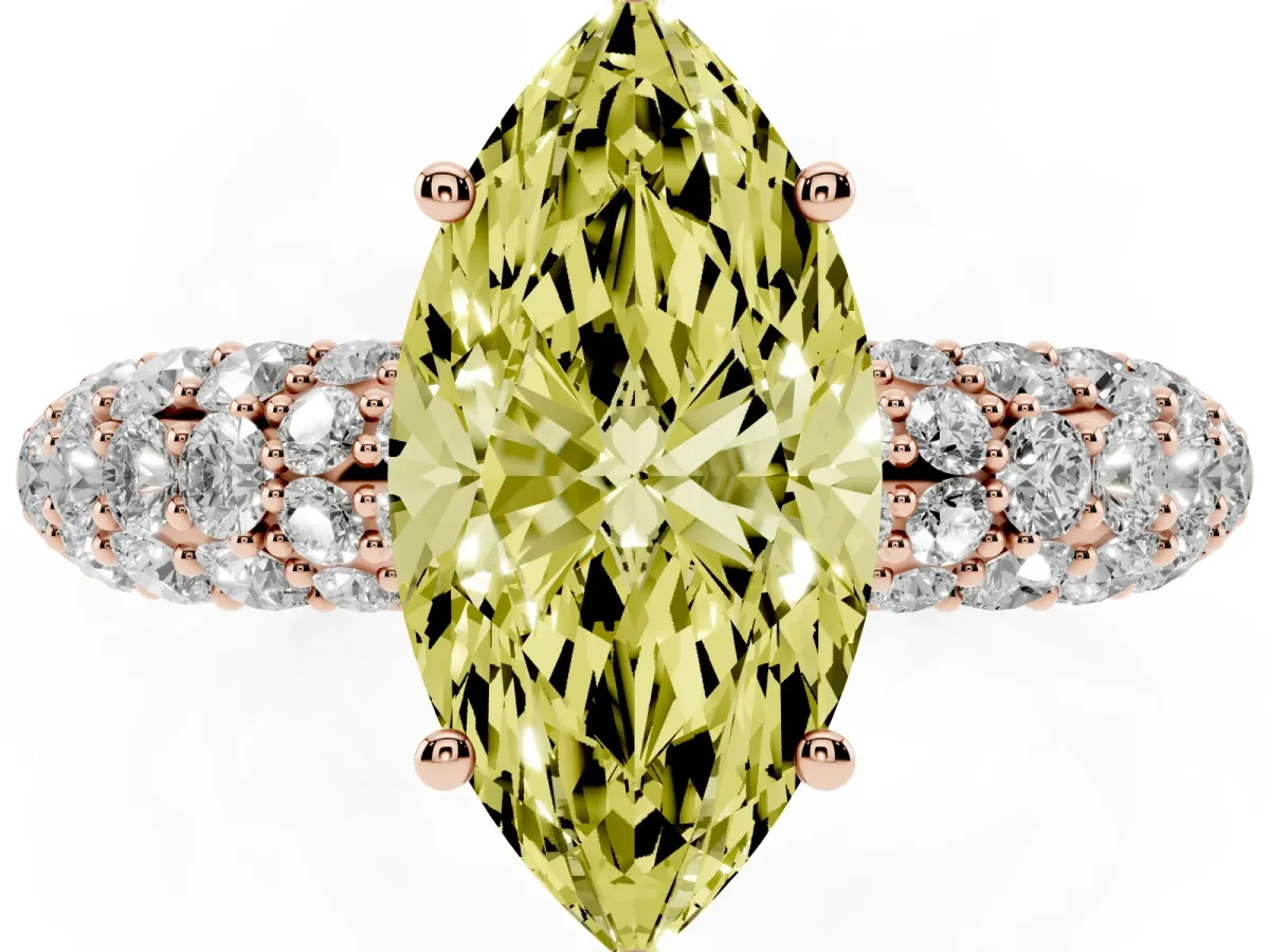 Fancy Yellow Marquise Cut Diamond Pavé Band Solitaire Ring with Four-Prong Setting Rose gold