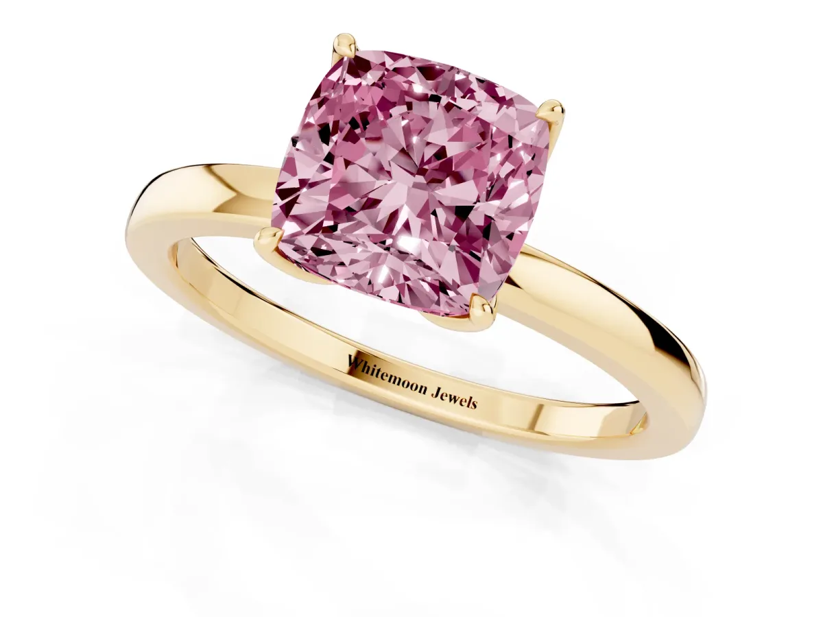 Fancy Pink Cushion Cut Diamond Solitaire Ring with Thin Band and Prong Setting Yellow gold