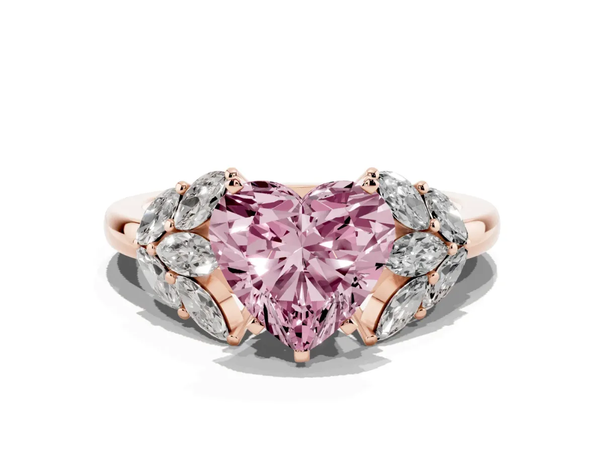 Fancy Pink Heart Cut Diamond Cluster Leaf Design Ring with Prong Setting Rose gold