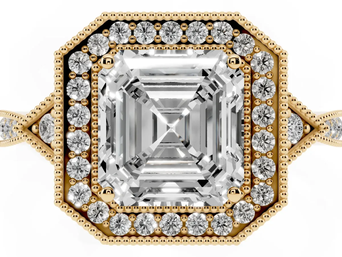 Asscher Cut Halo Round Diamond Milgrain Pave Engagement Ring Yellow gold