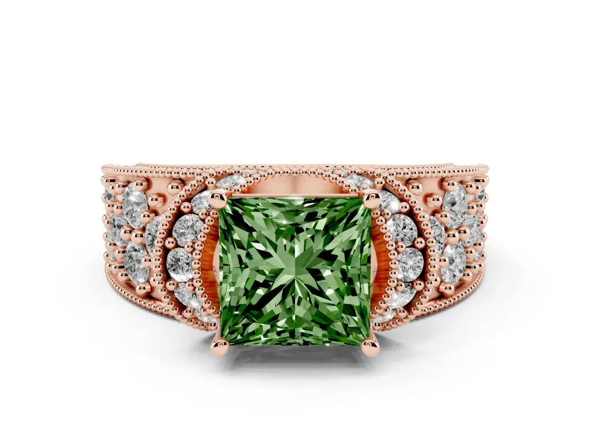Fancy Green Princess Cut Halo Pave Diamond Engagement Ring with Milgrain Detailing Rose gold