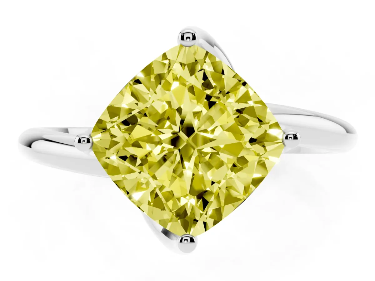 Fancy Yellow Cushion Cut Diamond Solitaire Engagement Ring with Four-Prong Setting and Classic Band White gold