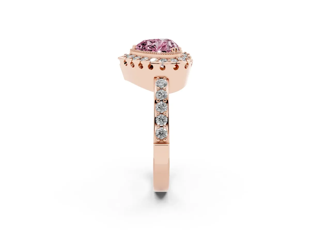 Fancy Pink Heart Cut Diamond Halo Ring with Pavé Band and Prong Setting Rose gold