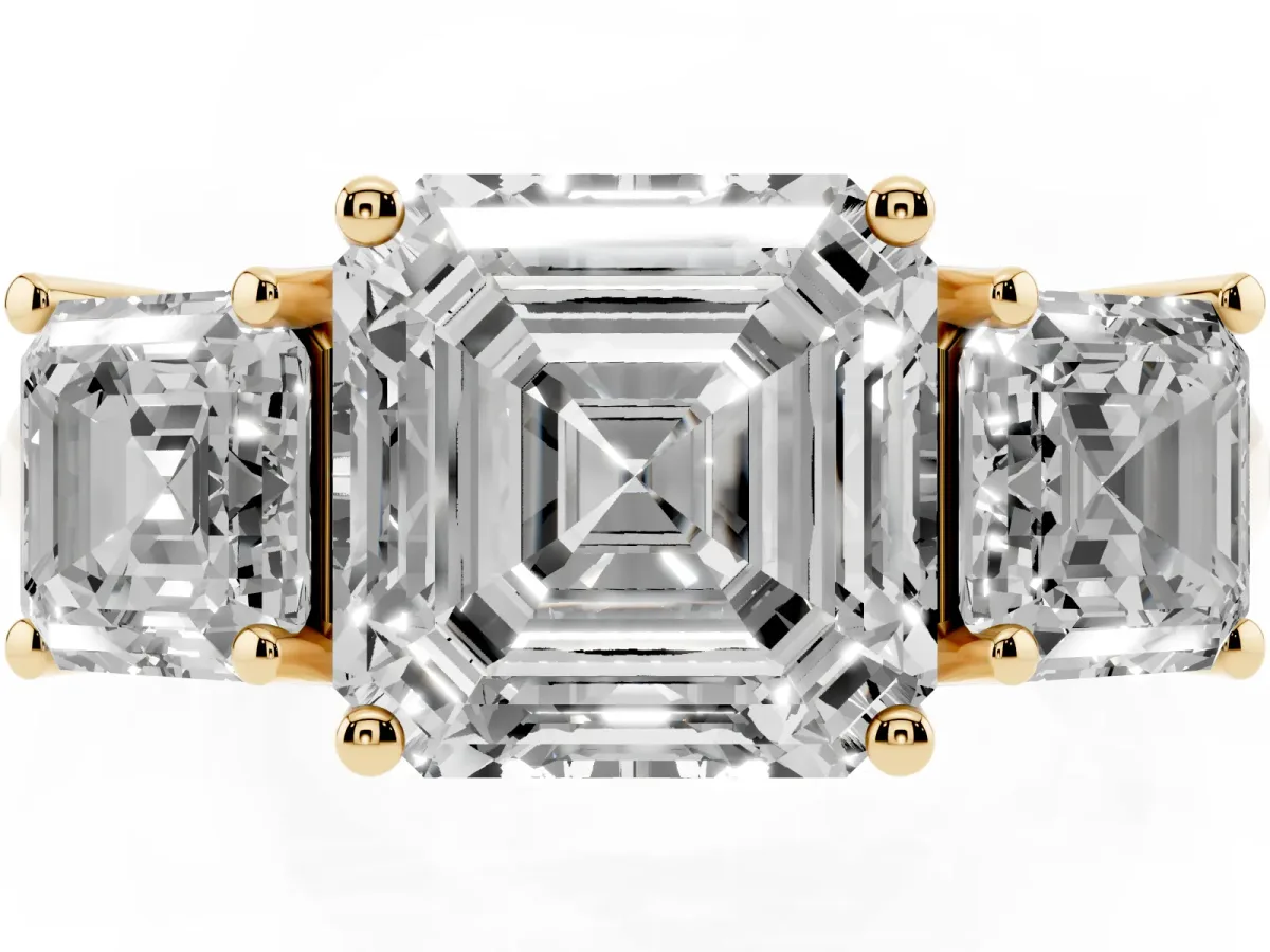 Three-Stone Asscher Cut Diamond Engagement Ring with Prong Setting Yellow gold